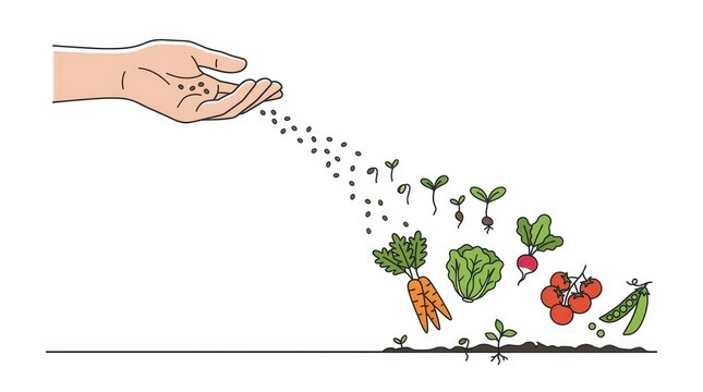 A hand drops seeds into soil while plants sprout, showing growth in a garden