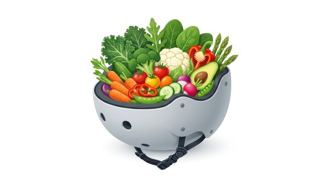A helmet holds various fresh vegetables like lettuce, carrots, and tomatoes in a playful design