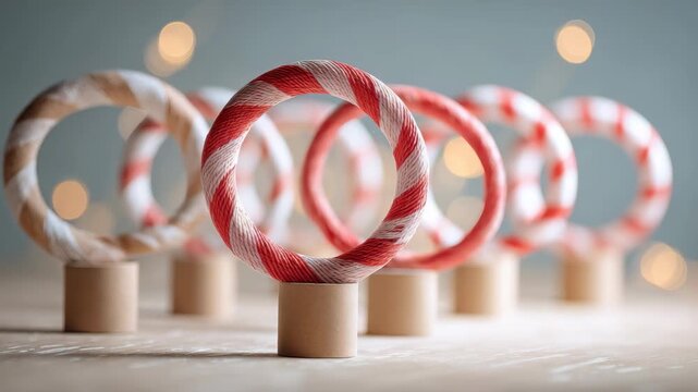 Colorful striped rings made twine stand upright on small wooden bases, arranged in festive row with soft bokeh background. Modern holiday decor, creative minimalism blend seamlessly in this vibrant