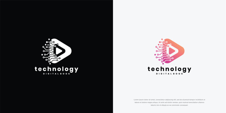 Abstract Digital Technology Play Button Logo Design with Pixelated Effect