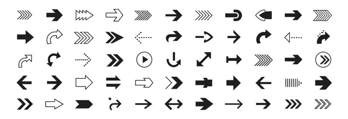 Naklejka premium Comprehensive collection of black arrow icons and symbols for diverse directional purposes.