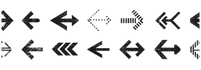 Set of grunge textured arrow icons pointing in various directions on a white background. © tareq