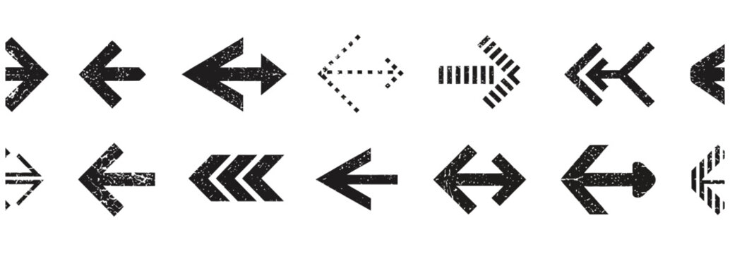 Set of grunge textured arrow icons pointing in various directions on a white background.
