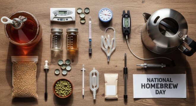 National Homebrew Day equipment and ingredients on wooden table