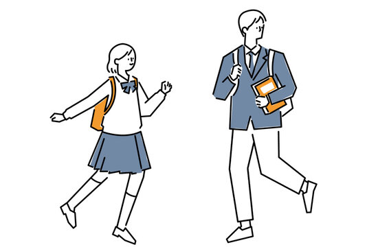 友達と一緒に歩む学生生活の線画イラスト