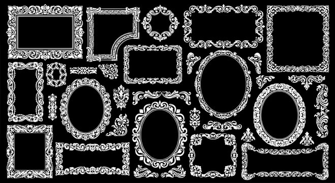 Borders ornate set with white floral designs on black background for photo frames featuring illustrations, graphics, design elements with vector and