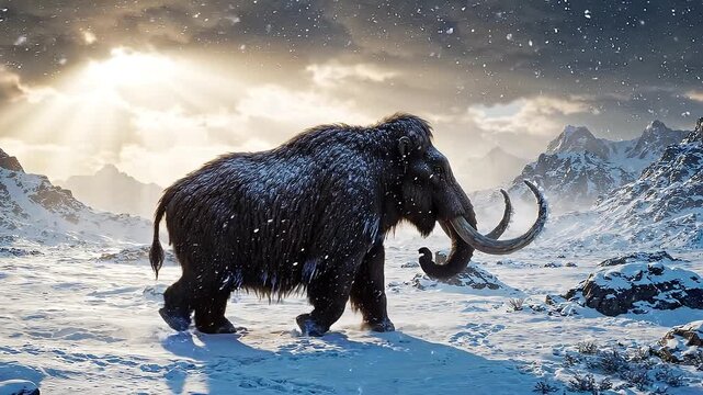 A majestic woolly mammoth walks through a snowy landscape under a dramatic sky, a korea model of prehistoric life