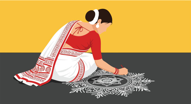 An Indian woman in a white and red saree drawing a traditional rangoli design on the floor, showcasing cultural art.