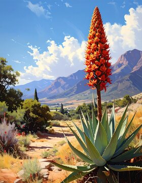 Vibrant desert landscape with a tall aloe flower