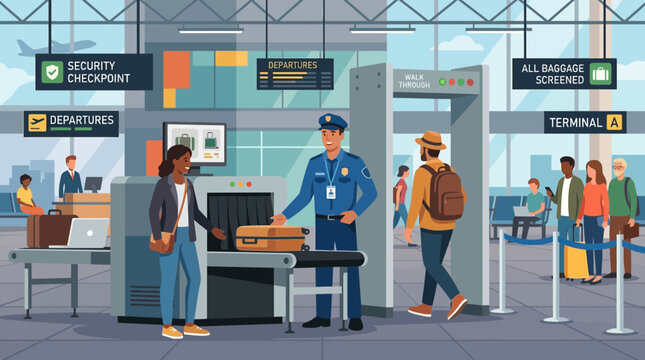 Airport Security Checkpoint with Passengers and Baggage Screening