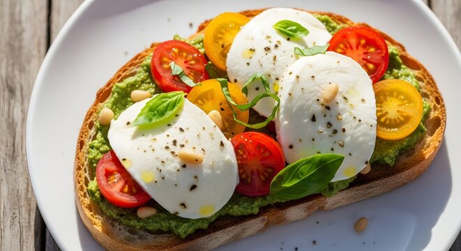 Gourmet bruschetta with pesto sauce fresh mozzarella cheese and colorful cherry tomatoes on white plate.