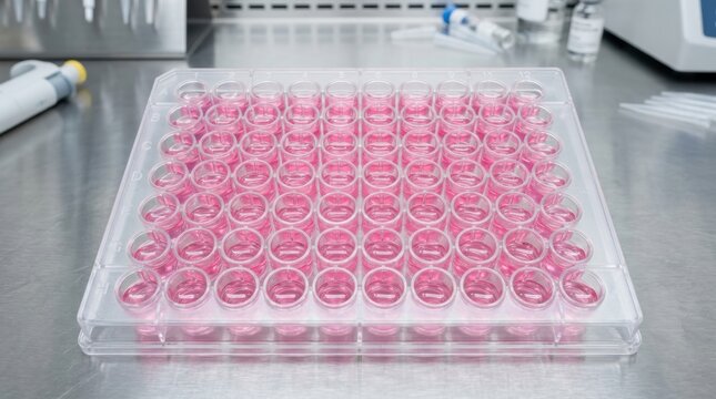 A sterile laboratory microplate with pink liquid in numerous wells, set up for scientific research and cell culture experiments.