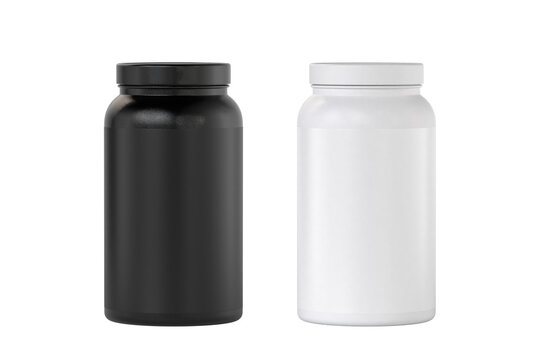Matte Supplement Protein bottle jar mockup black and white 3d rendering on transparent background