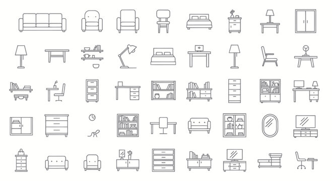 Black and white minimalist house furniture icon set, 30 line icons including sofa, chair, bed, table, wardrobe, lamp, shelf, desk, cabinet, mirror, clean thin line style, vector, isolated on white bac