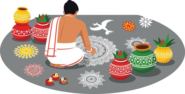 A person drawing intricate rangoli patterns on the ground surrounded by traditional kalash pots and diyas, depicting a cultural ritual.