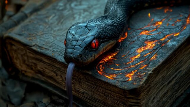 Dark mystical scene with an evil serpent flicking its tongue on an ancient book burning with magic