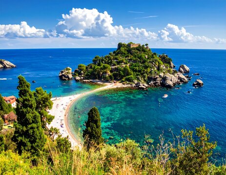 Idyllic coastal scene showcases a rocky island connected by a sandy isthmus to a turquoise-watered bay under a vibrant blue sky