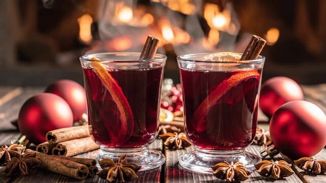 Two glasses of hot mulled wine by a cozy fireplace