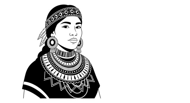 Black and white illustration of an indigenous woman in traditional clothing.