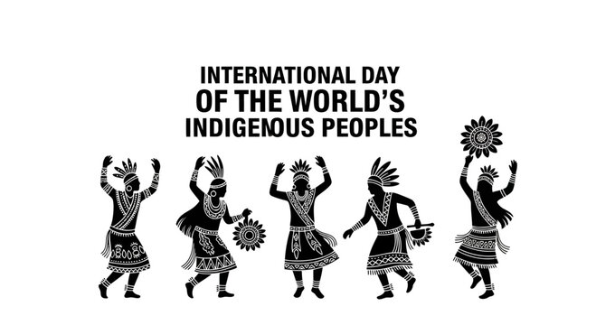 Silhouettes of indigenous people dancing in traditional costumes for international day.
