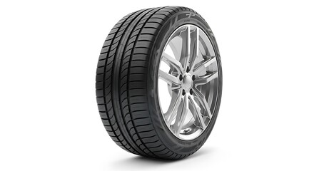 Obraz premium A close-up view of a car tire with a shiny alloy wheel in a clean, white background.