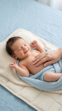 A newborn baby smiles softly while a hand strokes its chest on a light blanket in a warm room