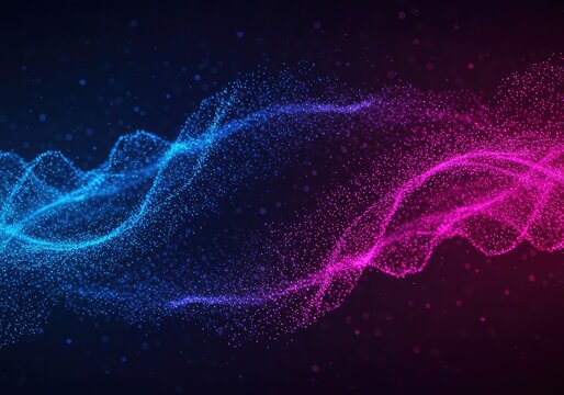 Ethereal deep blue and magenta energy field background depicting subatomic particles and glowing wave functions in a dynamic, modern scientific style graphic, dynamic, futuristic, field