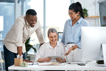 Fototapeta premium Creative, team and happy with tablet in office for trending story, positive reviews and news site. Journalists, excited or people with tech at agency for article comments, media recognition and pride