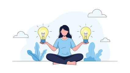 Obraz premium Peaceful female professional sitting in a yoga pose and balancing glowing light bulbs on her hands represents creative mindfulness.