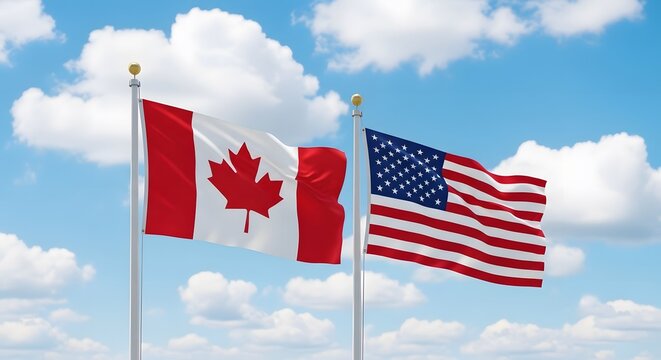Flags of canada and the united states of america against a blue sky