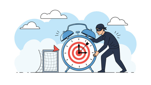 Masked thief in black clothes setting a red bulls eye target on a giant blue alarm clock signifies stealing time or deadline risk.