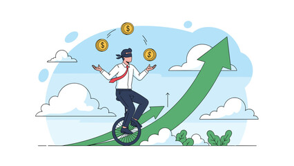 Obraz premium Blindfolded circus businessman riding a unicycle on a rising green growth arrow while juggling golden dollar coins in a blue sky.