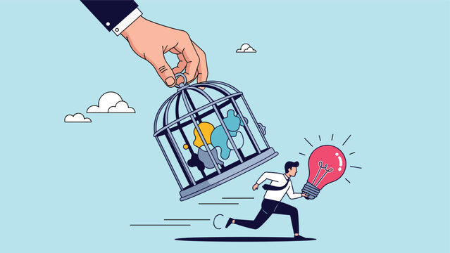 Male entrepreneur escaping from a large metal birdcage being lifted by a giant hand while carrying a glowing red lightbulb of creativity.