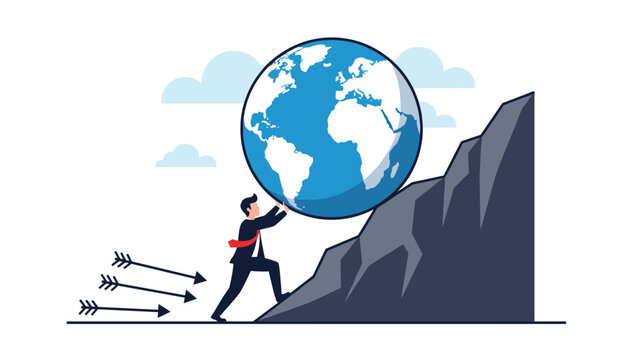Determined businessman struggling to push a giant blue globe up a steep grey mountain while facing arrows of resistance and challenge.