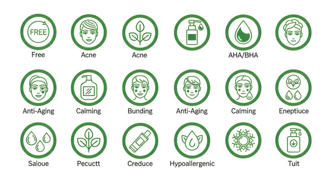 Icons representing various skincare product benefits and features