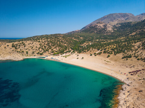 Aerial View of Sunny Pachia Ammos Beach on Samothraki Island Greece