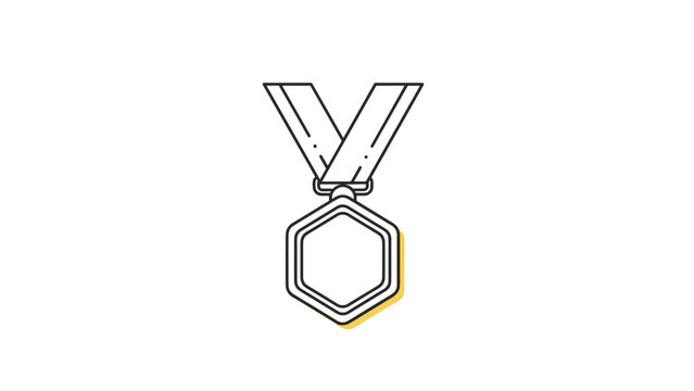 Simple outline of a hexagonal medal hanging from a V shaped ribbon representing a generic achievement reward or sports competition prize.