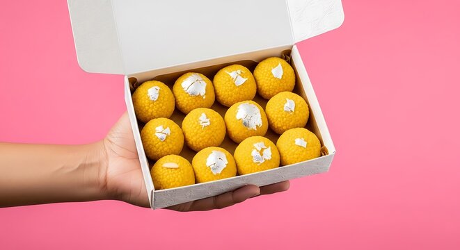 hand holding a box of Indian Diwali sweets (laddu)