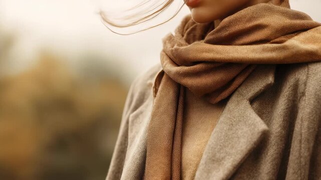 Stylish woman in a cozy beige scarf and elegant coat standing outdoors on a chilly autumn day. Fashionable fall outfit highlights seasonal trends and sophisticated urban style