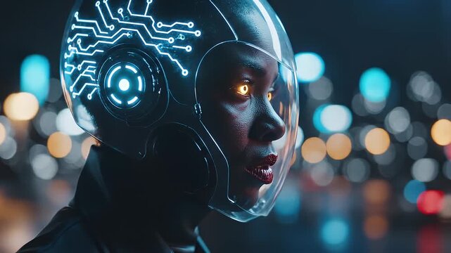 Futuristic person with glowing eyes wearing circuit helmet at night city