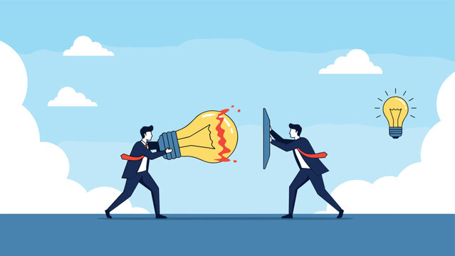 Competitive innovation and idea protection concept with two professional men fighting with lightbulbs while one uses a protective shield.