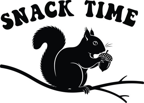 Black silhouette squirrel eating acorn on branch with snack time text