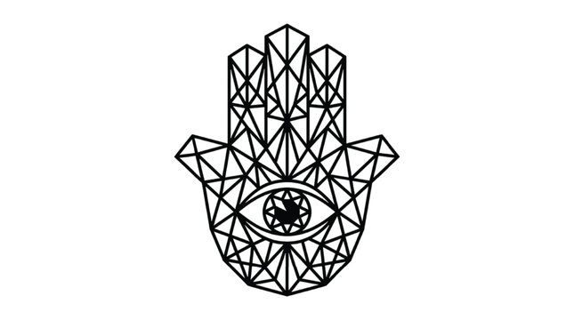 Minimalist Geometric Hamsa Hand with Evil Eye | Modern Hand of Fatima Polygon Line Art Isolated Transparent PNG