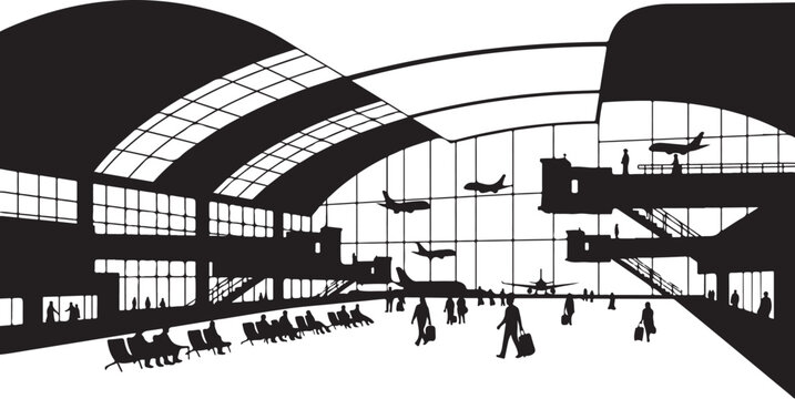 Black and white of airport terminal interior with people and planes