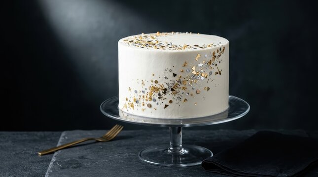 Artistically decorated white celebration cake adorned with shimmering edible glitter on a glass stand