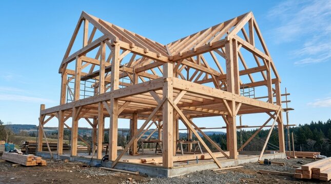 Raw Timber Structure of a Residential Building Under Construction
