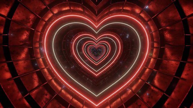 A tunnel of concentric neon hearts glowing in red and pink, symbolizing love, passion, and infinity through luminous symmetry.