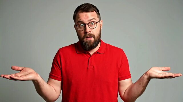 Man with red shirt shrugs his shoulders.