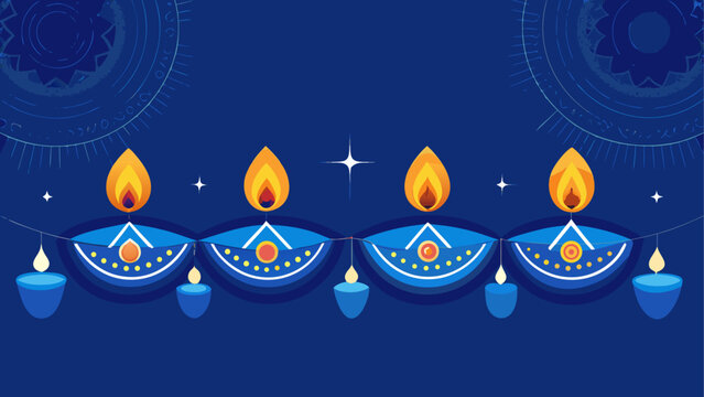 Row of blue and gold hanukkah menorahs with lit candles