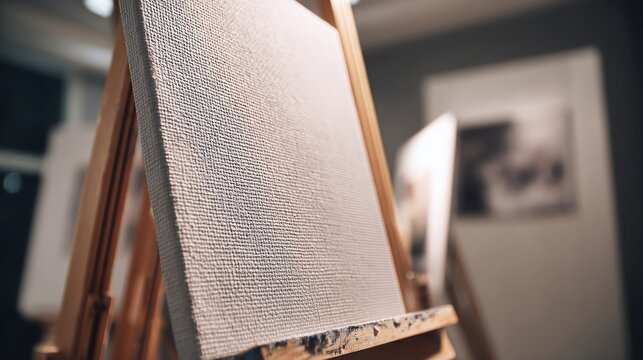 Close-up view of a blank textured canvas stretched taut on a wooden easel in an artist's studio